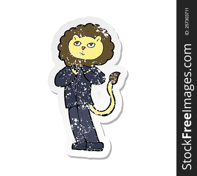 retro distressed sticker of a cartoon lion businessman