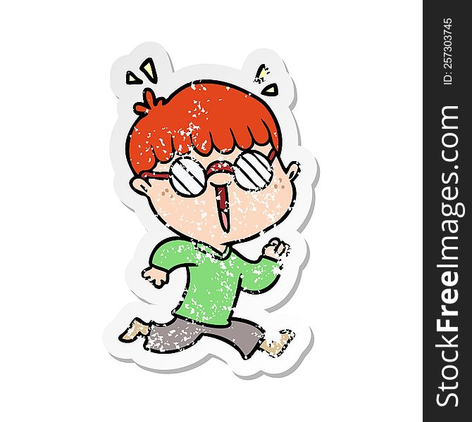 distressed sticker of a cartoon running boy wearing spectacles