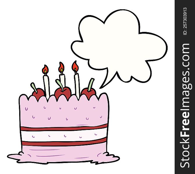cartoon birthday cake with speech bubble. cartoon birthday cake with speech bubble