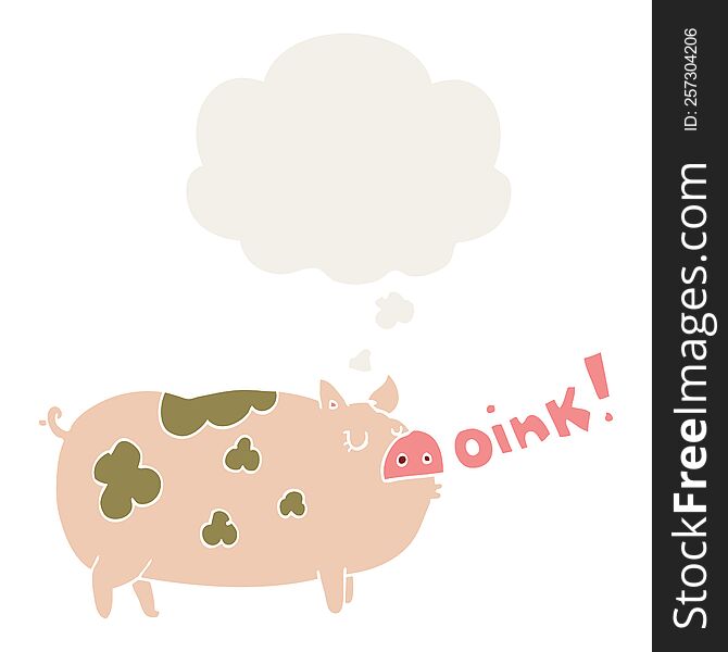 cartoon oinking pig with thought bubble in retro style