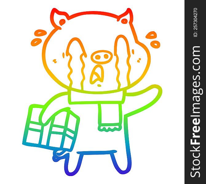 rainbow gradient line drawing of a crying pig cartoon delivering christmas present