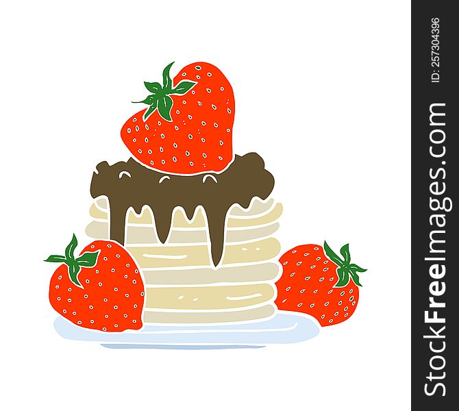 flat color illustration of a cartoon pancake stack with strawberries