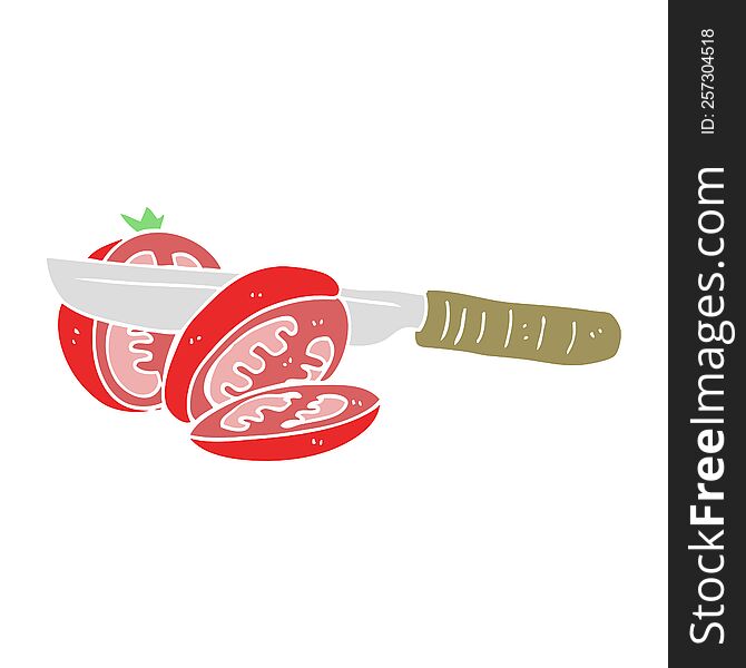 flat color illustration of knife slicing a tomato. flat color illustration of knife slicing a tomato