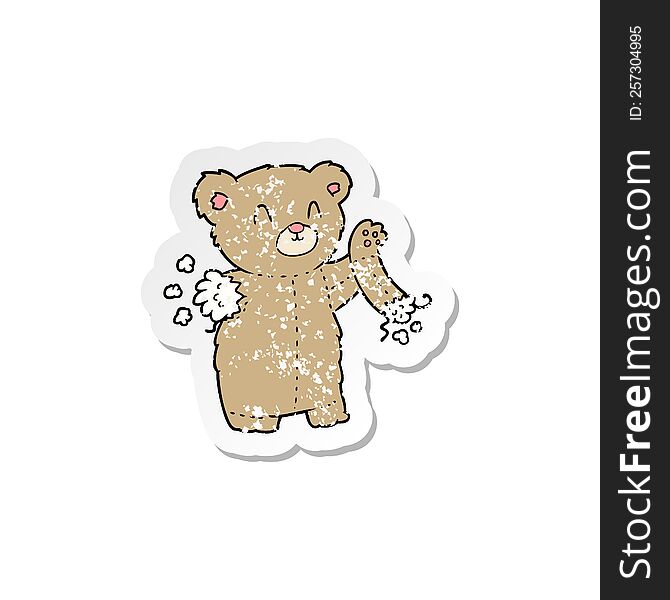 Distressed Sticker Of A Cartoon Teddy Bear With Torn Arm