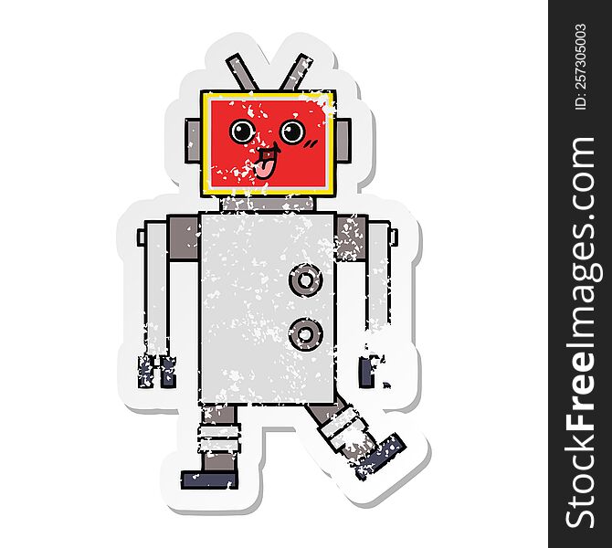 Distressed Sticker Of A Cute Cartoon Happy Robot