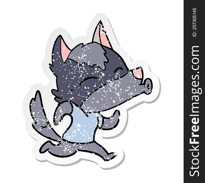 Distressed Sticker Of A Howling Cartoon Wolf Wearing Clothes