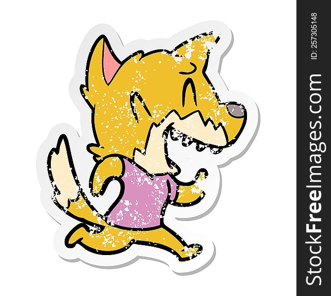 distressed sticker of a laughing fox running away