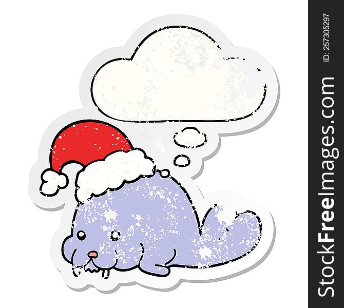 Cartoon Christmas Walrus And Thought Bubble As A Distressed Worn Sticker