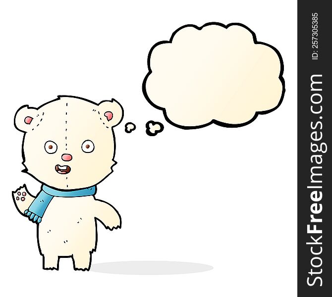 Cartoon Waving Polar Bear Cub With Scarf With Thought Bubble