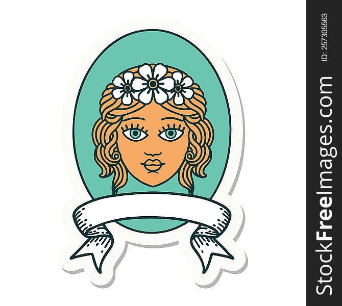 tattoo style sticker with banner of a maiden with crown of flowers