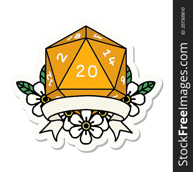 sticker of a natural 20 critical hit D20 dice roll. sticker of a natural 20 critical hit D20 dice roll