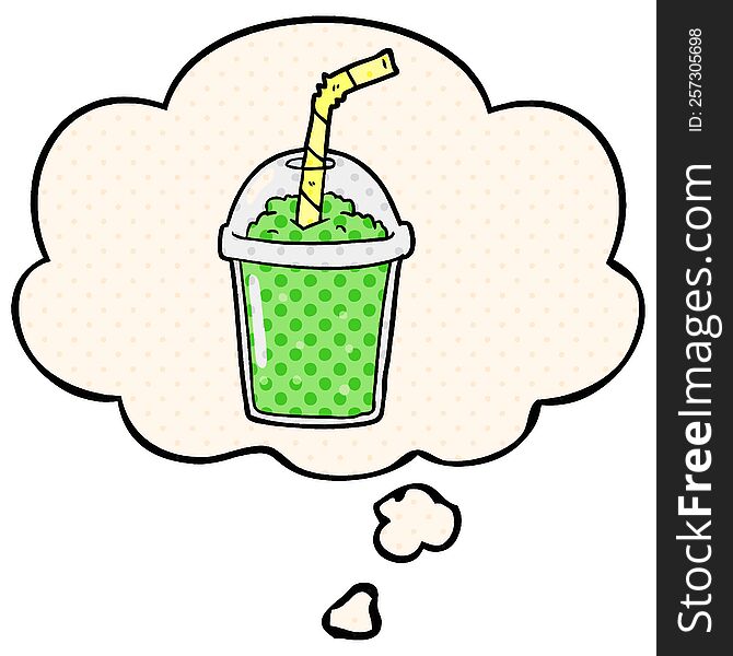 cartoon iced smoothie with thought bubble in comic book style