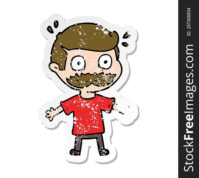 Distressed Sticker Of A Cartoon Man With Mustache Shocked
