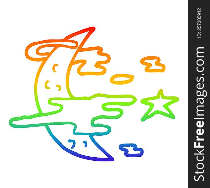 Rainbow Gradient Line Drawing Cartoon Spooky Moon