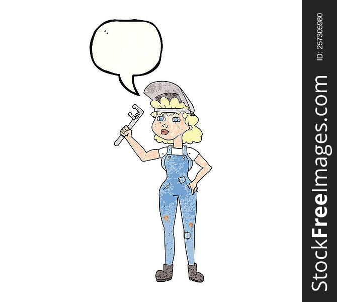 speech bubble textured cartoon capable woman with wrench