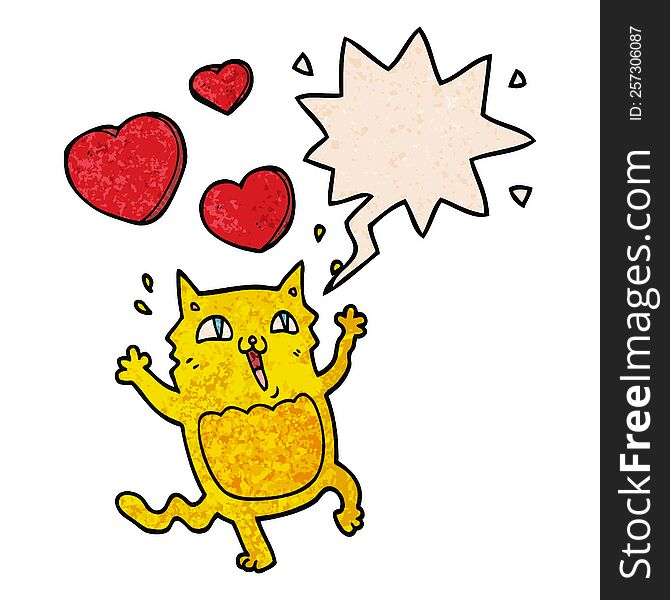 cartoon cat crazy in love and speech bubble in retro texture style