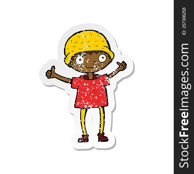 retro distressed sticker of a cartoon boy with positive attitude
