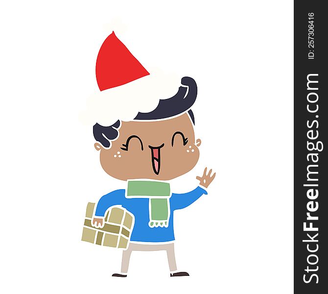hand drawn flat color illustration of a laughing boy wearing santa hat