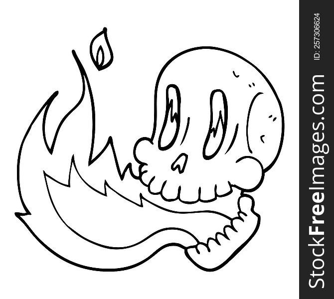 Line Drawing Cartoon Flaming Skull