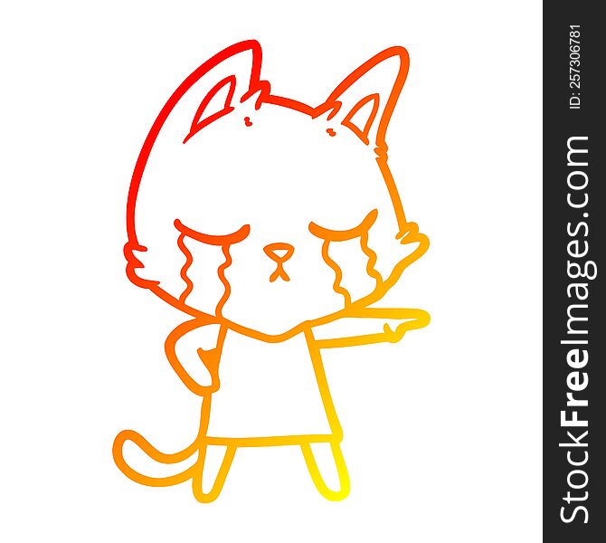warm gradient line drawing of a crying cartoon cat in dress pointing