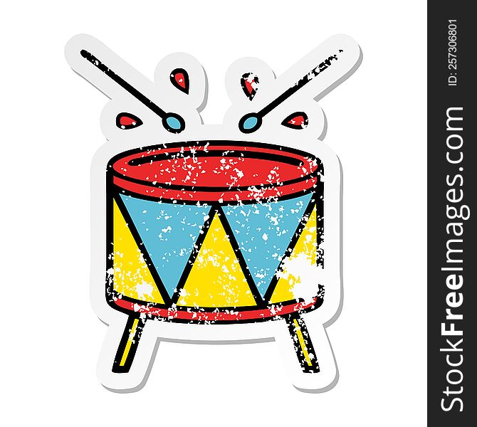 distressed sticker of a cute cartoon beating drum