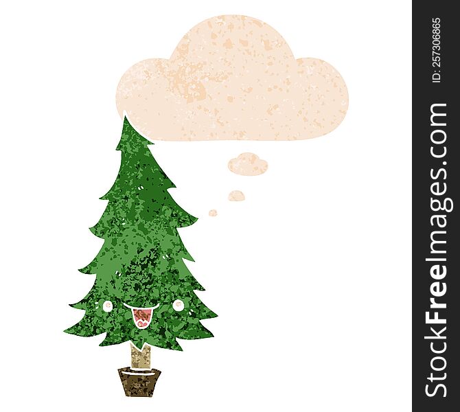 Cute Cartoon Christmas Tree And Thought Bubble In Retro Textured Style