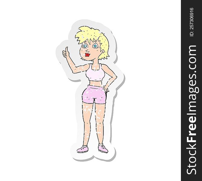 retro distressed sticker of a cartoon happy gym woman