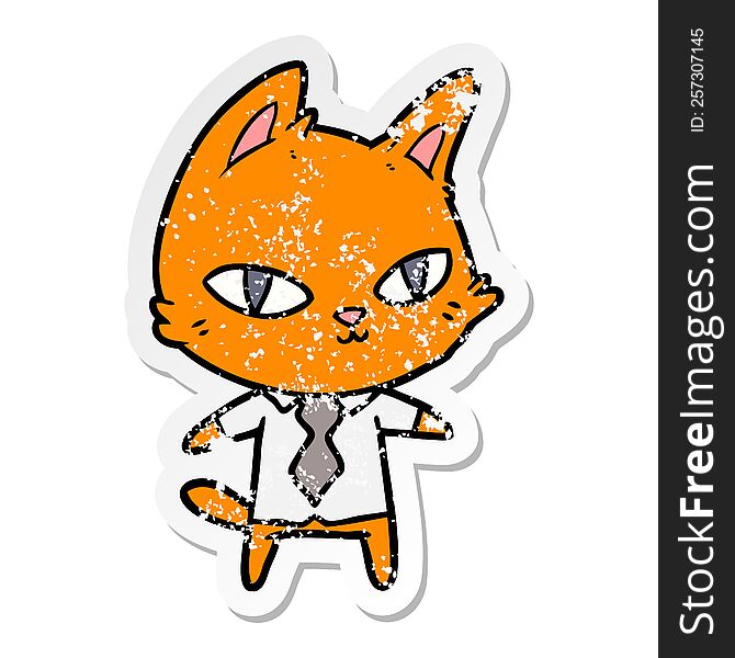 Distressed Sticker Of A Cartoon Cat In Office Clothes