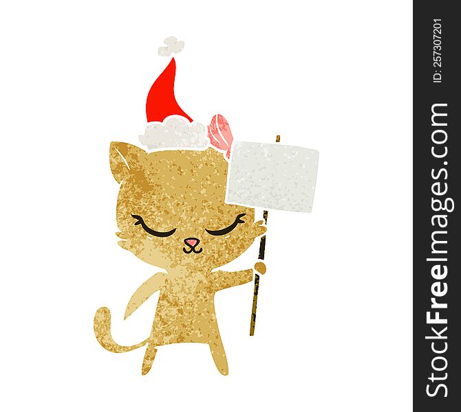 cute hand drawn retro cartoon of a cat with sign wearing santa hat. cute hand drawn retro cartoon of a cat with sign wearing santa hat
