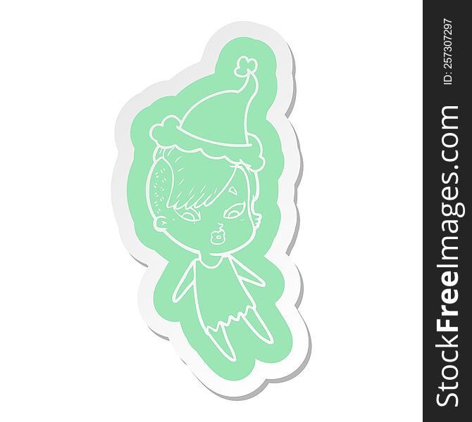 quirky cartoon  sticker of a surprised girl wearing santa hat