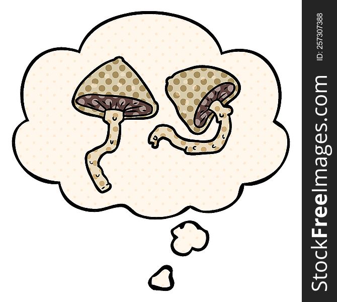 cartoon mushrooms with thought bubble in comic book style