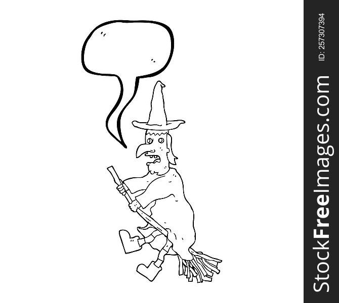 Speech Bubble Cartoon Witch Flying On Broom