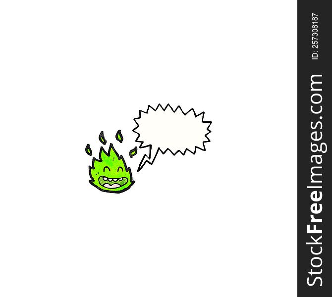 cartoon green fire creature with speech bubble