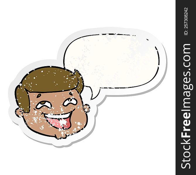 Happy Cartoon Male Face And Speech Bubble Distressed Sticker