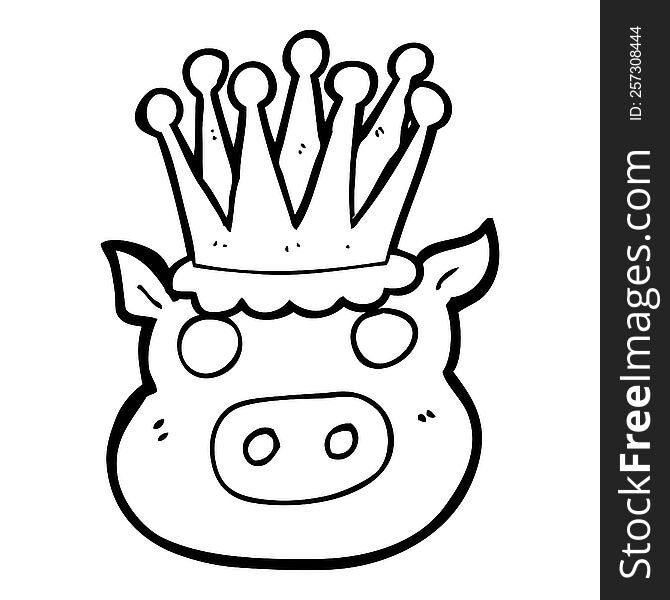 freehand drawn black and white cartoon crowned pig