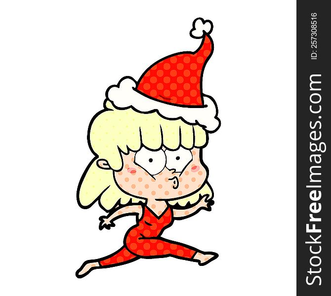 hand drawn comic book style illustration of a woman running wearing santa hat
