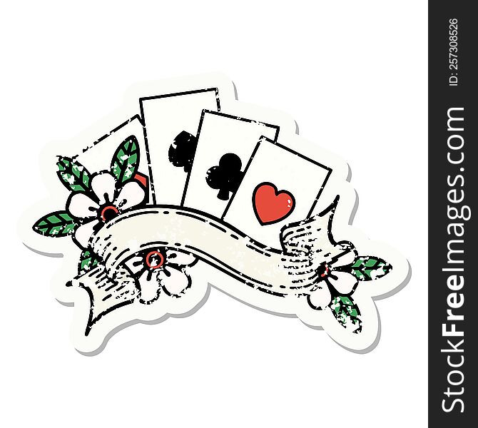 Traditional Distressed Sticker Tattoo Of Cards And Banner