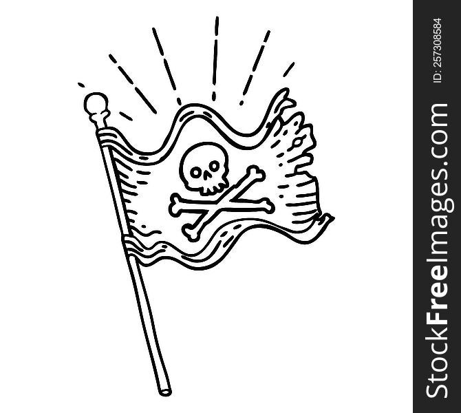 illustration of a traditional black line work tattoo style waving pirate flag