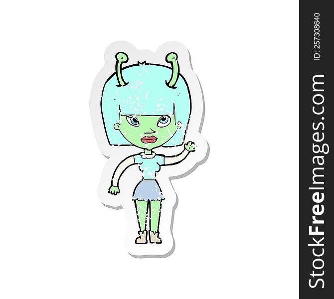 Retro Distressed Sticker Of A Cartoon Alien Woman