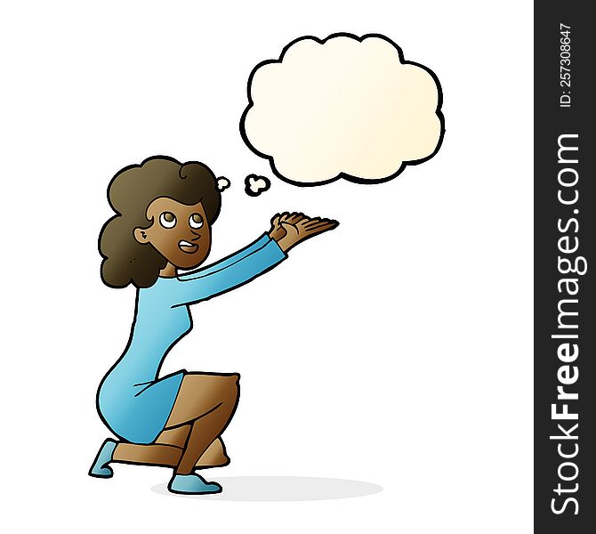 cartoon woman presentation gesture with thought bubble