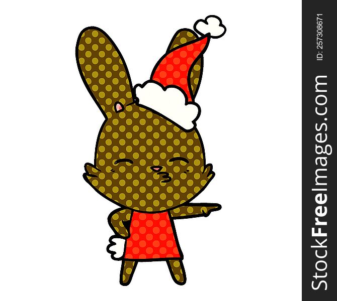Curious Bunny Comic Book Style Illustration Of A Wearing Santa Hat