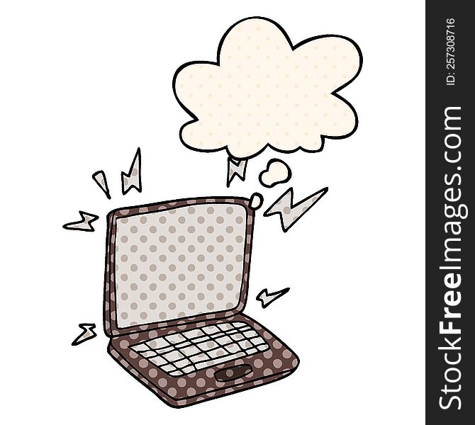 cartoon laptop computer with thought bubble in comic book style