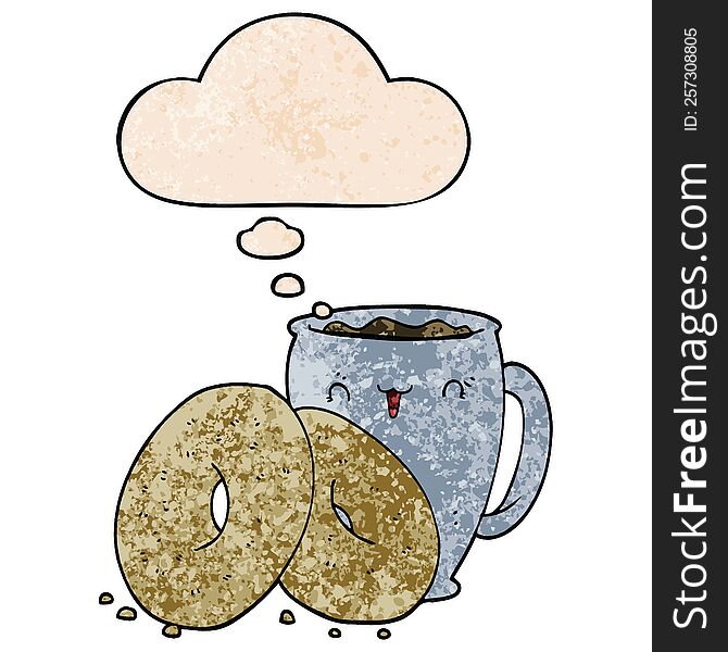 cartoon coffee and donuts with thought bubble in grunge texture style. cartoon coffee and donuts with thought bubble in grunge texture style