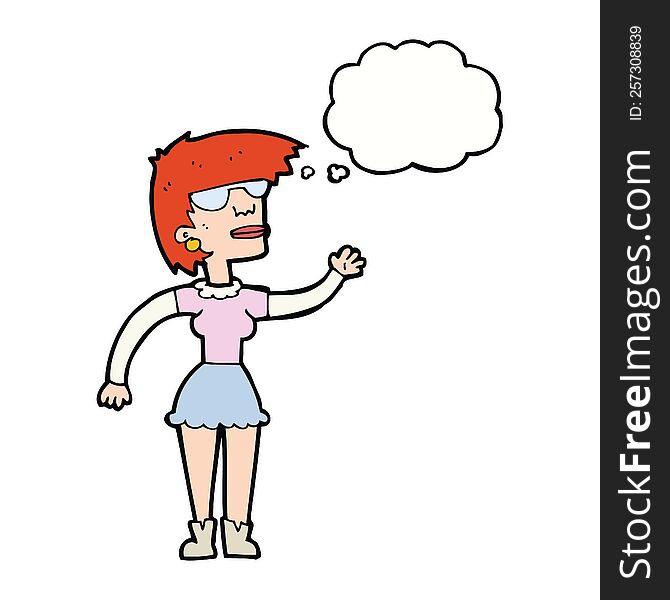 Cartoon Woman In Spectacles Waving With Thought Bubble