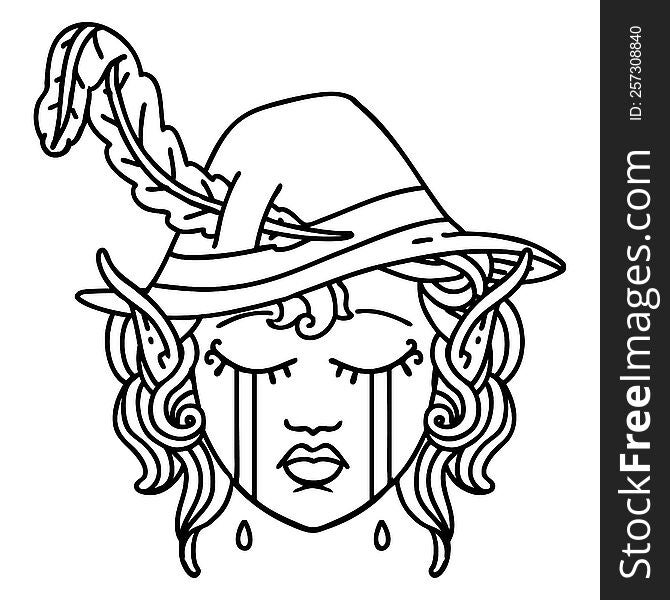 Black and White Tattoo linework Style crying elf bard character face. Black and White Tattoo linework Style crying elf bard character face