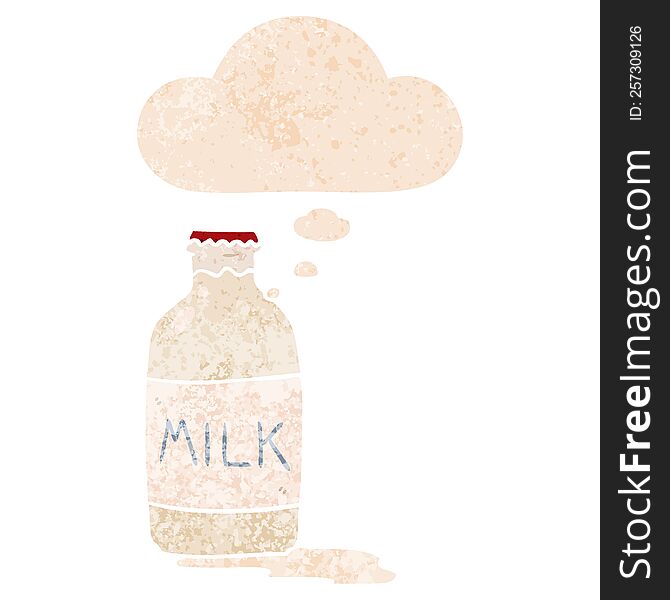 cartoon milk bottle with thought bubble in grunge distressed retro textured style. cartoon milk bottle with thought bubble in grunge distressed retro textured style