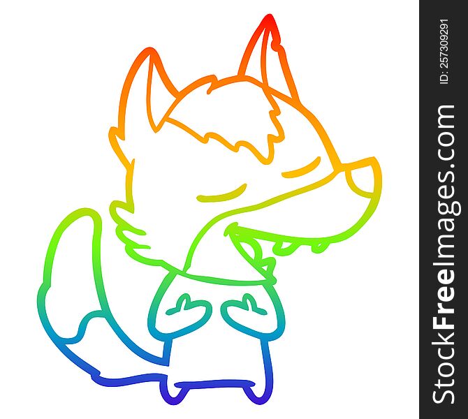 rainbow gradient line drawing of a cartoon wolf laughing