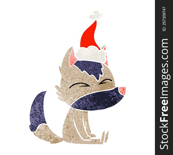Retro Cartoon Of A Wolf Whistling Wearing Santa Hat