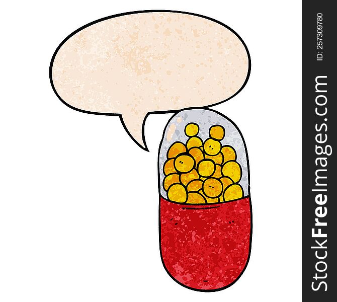 cartoon pill and speech bubble in retro texture style