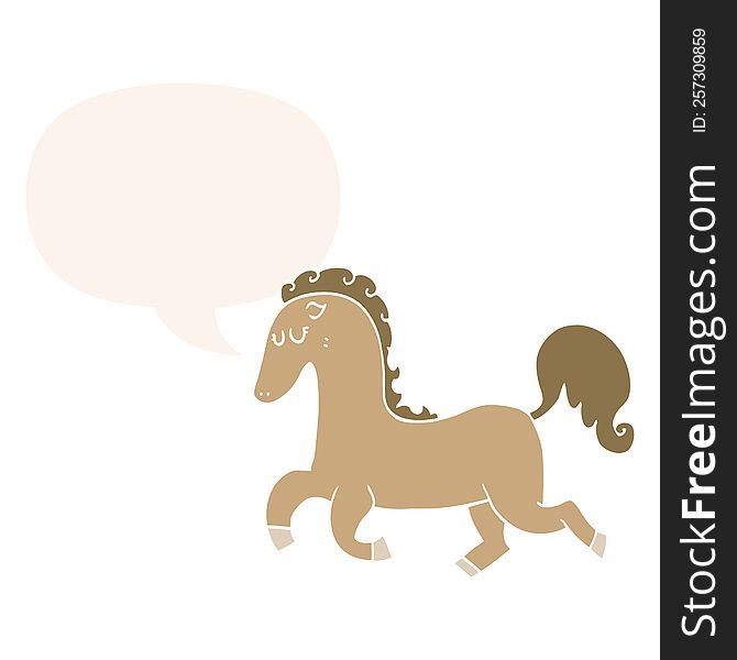 cartoon horse running with speech bubble in retro style